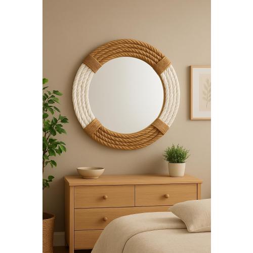 White and Brown Round rope wall mirror, 18 inch, Rustic Farmhouse Hanging Mirror for Bathroom, living Room - Nautical Coastal Decor.