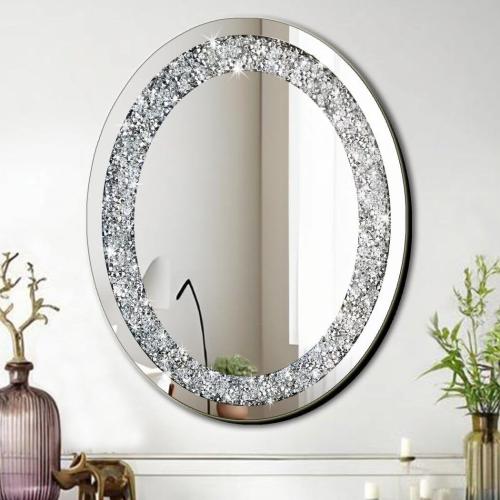 DMDFIRST Crystal Crushed Diamond Oval Shaped Glam Bling Silver Mirror for Wall Decoration 16x20x0.9 inch Wall Hang Frameless Sparkly Mirror Glass Stunning Home Diamond Decor