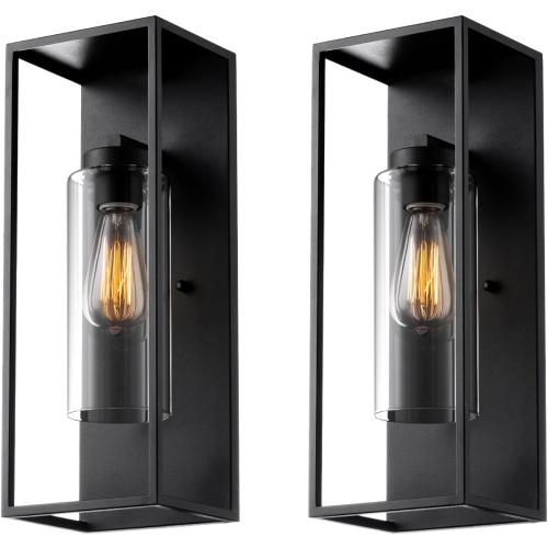 mirrea 18 Classic Outdoor Wall Sconce 1 Light in Cylinder Glass Shade and Matte Black Rectangular Metal Frame Waterproof Porch Light Patio Light Pack of 2