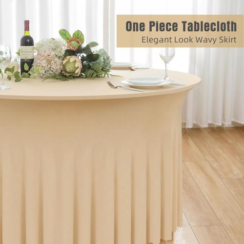 2 Pack Champagne Round Spandex Tablecloth 60 Inch, Wrinkle Free Stretch 120 Inch Round Fitted 5ft Tables, Ruffle Skirt Table Covers for Wedding Party Banquet