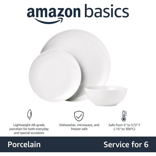 Amazon Basics 18-Piece Complete Kitchen Dinnerware Set, Microwave and Dishwasher Safe, Plates, Dishes, Bowls for Everyday Use, Service for 6, White Porcelain Coupe