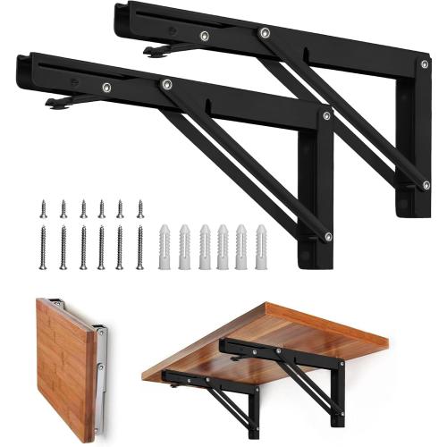 Storystore Folding Shelf Brackets - 12 Inch Heavy Duty Metal Collapsible Shelf Bracket for Bench Table, Shelf Hinge Wall Mounted Space Saving DIY Bracket, Max Load: 150 lb (2PCS, Black)