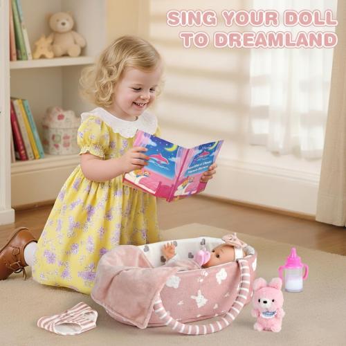 Dreamon 12'' Baby Doll Playset with Carrier Bassinet Bed, 11PCS Baby Doll Accessories Includes Pacifier, Blanket, Pillow, Diaper, Pretend Play Set Baby Doll Care Toys Gifts for Kids Girls