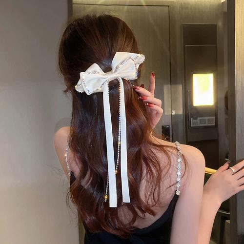 2 PACK Hair Bows Sparkly Rhinestone Tassel Hair Clips Barrettes Bowknot with Long Brocade Tassel Ribbon Claw Hair Accessories for Women and Girls (Black and White)