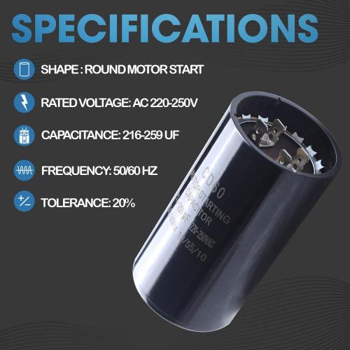 Seentech 216-259 uf/MFD 220-250 VAC ±20% CD60 Round Motor Start Capacitor 50/60 Hz AC Electric Motor Universal Fit for AC Motor Run or Fan Start and Cool or Heat Pump Air Conditioner