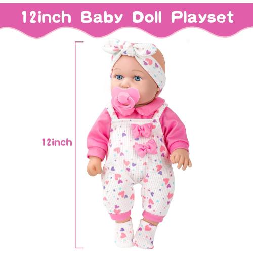 12 Baby Doll with Pink Bowknot Clothing Set,12 Inch Realistic Baby Dolls with Clothes and Accessories,Pacifier Bottle Toy Pretend Play Collection for 3  Child Girls Gifts