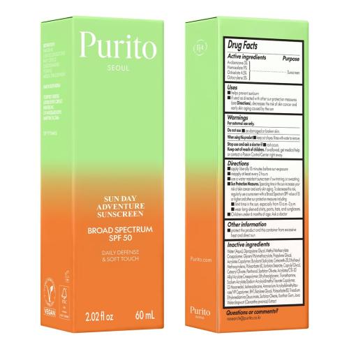 PURITO Korean Sunscreen SPF 50 for Sensitive Skin, 2.02 fl.oz | Lightest Texture, No White Cast, Broad Spectrum UVA/UVB, Oil-Free & Vegan, Daily UV Defense