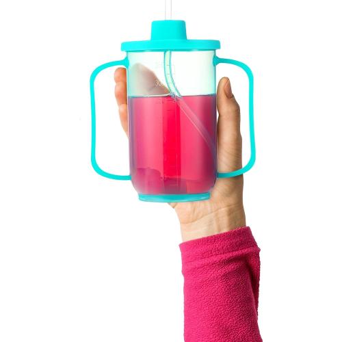 Sliner Adult Sippy Cups for Elderly 12 oz Straw Sippy Cups with 2 Handles No Spill for Adults Spill Proof Dysphagia Cup for Disabled Patients (Blue)