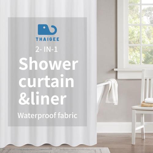2-in-1 Waterproof Fabric Shower Curtain or Liner,Linen Textured,Breathable TPU & Washable Bathroom Shower Curtain Set with 12 Plastic Hooks,72x72,White