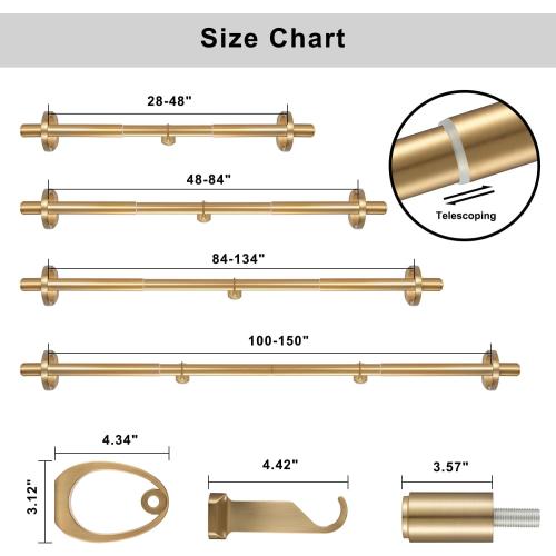 Modern Curtain Rods, 1Inch Diameter Decorative Single Window Rod Telescoping 48-84 Inch Adjustable Drapery Rods Warm Gold Color For Bedroom Living Room Kitchen Office