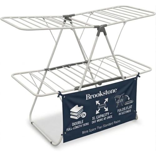 Brookstone 2 Tier Folding Rack - Indoor/Outdoor Collapsible Clothes Dryer Stand Laundry or Shoe Rack, Heavy Duty Freestanding Garment Hanger, Foldable, Clothing Drying Rack, White