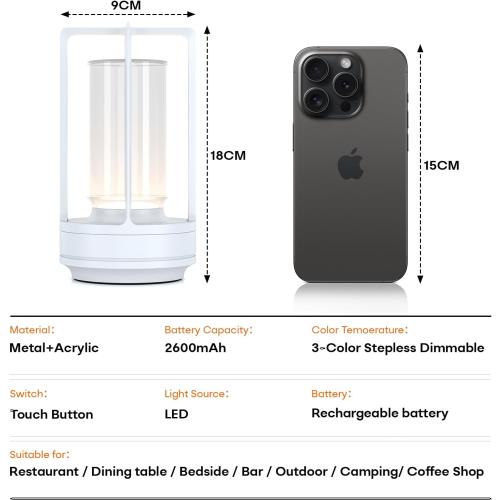 Rechargeable Cordless Small Metal Table Lamp, Stepless Dimming, 3-Color CAME JUST ONE !