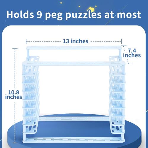 2 Sets Puzzle Storage Rack for 18 Puzzles, Puzzle Organizer for Wooden Peg Puzzle, For Longest Side from 11.2 to 12.2 Inch, Adjustable Slot: 1 Inch and 2 Inch, Material: ABS Plastic, Light Blue