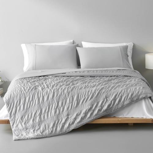 Cozy Bliss Seersucker Cooling Comforter King Size, Q-Max 0.45 Reversible Lightweight Cooling Blanket, Breathable Silk Smooth Summer Bedding Quilt for Hot Sleepers Night Sweats Light Grey