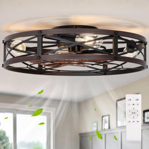 SHLUCE 24 Farmhouse Caged Flush Mount Ceiling Fan with Light, Rustic Low Profile Bladeless Ceiling Fans with Lights and Remote, Modern Large Ceiling Fan with Light for Bedroom, Kitchen, Brown - ETL