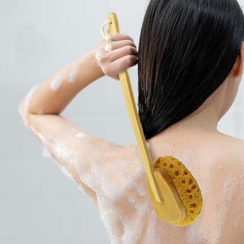 18'' Shower Body Brush Sea Sponge Long Wooden Handle Back Scrubber Bath Brush Gentle Exfoliating Lotion Applicator