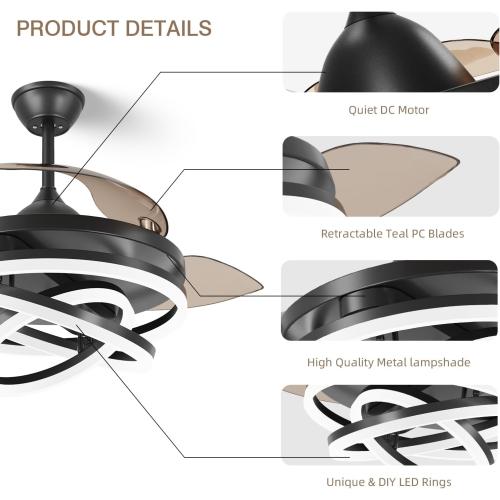 TXCSLY Retractable Ceiling Fan, 42 Inch Chandelier Ceiling Fans with Light, Modern Fandelier Ceiling Fan for Bedroom Living Room Dinning Room, Reverse Motor, 3 Color Temperature, 6 Wind Speed-Black