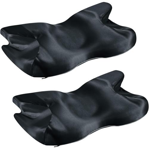 2 Pcs Satin Pillowcase for Cervical Pillow, Black Silky Cervical Pillow Case Contour Pillow Case Cover with Zipper, Smooth Ergonomic Pillowcase for Neck Pillow Cover