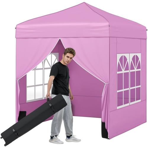 Tangkula 6.5x6.5 FT Pop Up Canopy, UPF50  Outdoor Canopy Tent with 2 Removable Sidewalls, 2 Zippered Doors, Heavy-Duty Carbon Steel Frame, Wheeled Bag, 4 Sandbags, 8 Stakes, 4 Wind Ropes (Pink)