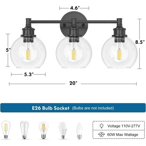 Bathroom Light Fixtures, 3-Light Matte Black Vanity Light Globe Glass Shades, Bathroom Lighting Fixtures Over Mirror, Wall Sconces for Master Bathroom, Guest Bathroom, Powder Room, 20-inch