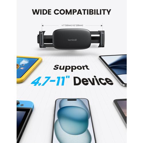 Lamicall Car Headrest Tablet Holder - [3 in 1 Extension Arm] Adjustable Tablet Car Mount for Back Seat, Gifts Road Trip Essentials for Kids, for 4.7-11 Device Like iPad Pro, Air, Mini, Galaxy, Fire