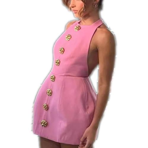 Size M Halter Backless Mini Dress Women Summer Elegant Sleeveless Gold Button Solid Color Dresses Lady Party Vestidos