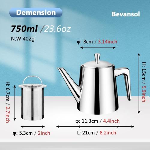 304 Stainless Steel Teapot Long Strain Large Capacity Teapot with Infuser and Removable Filter for Home Restaurant Office Dinnerware Accessories Drinkware Item (750ml)