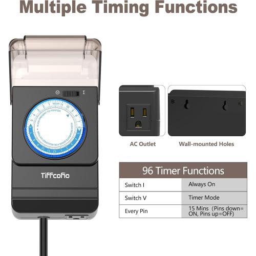 TiFFCOFiO Outdoor Timer Outlet Waterproof, 24 Hour Mechanical Light Timer Outdoor, 2 Grounded Outlets for Home and Garden, 15A 1/2HP, Heavy Duty, ETL Listed (15 Min Interval)