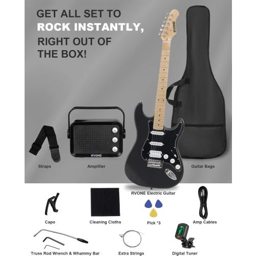 RVONE RST-150 39 Beginner Electric Guitar Kit with Amp & HSS Pickups | Complete Starter Set for Newcomers w/Essentials | Gig Bag, Extra Strings, Digital Tuner, Capo, Strap | Home Practice (Black)‼️missing pieces‼️