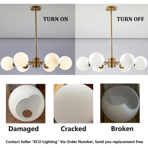KCO 6-Light White Milk Glass Chandelier Brass Gold Sputnik Ceiling Light | E26 Bulb Included, Adjustable Height for Sloped Ceiling, Mid Century Modern Pendant Light for Dining Room Kitchen Living Room
