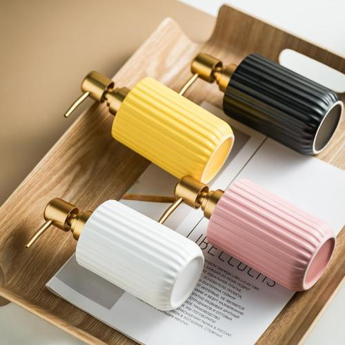 Chic Cylinder-Shaped Soap Dispenser, Vertical Stripe Design with Gold Pump, Ceramic Lotion Dispenser(Yellow)