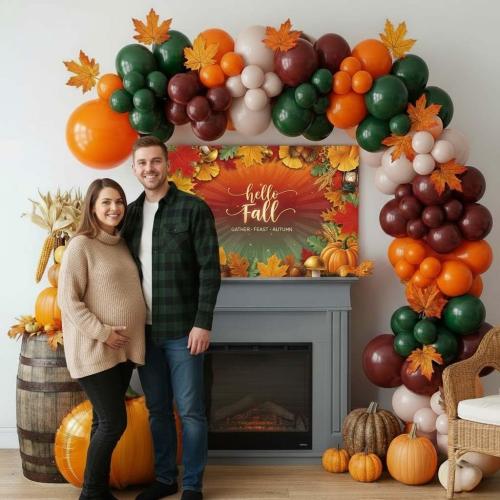 Fall color Balloon Garland Arch Kit hunter green maroon Sand White Orange Balloons with artificial maple leaf and backdrop for Thanksgiving Harvest Birthday Little Pumpkin ecorations