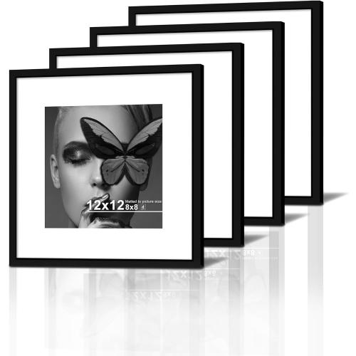 Art Street Synthetic Document Large Size Wall Photo Frame, Set Of 4 Big Frames For Wall Artwork, Certificates, Picture & Photographs Home Decor (12x12 Inch, Matted To: 8x8 Inch, Black)