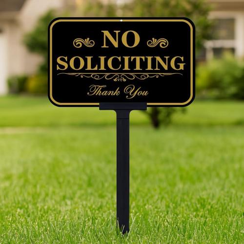 Large No Soliciting Sign with Stake,14 x 10 Inch 40-mil Thick Aluminum,37 Inch Long Adjustable Height,Outdoor Metal No Soliciting Yard Sign for House/Front Door and Business