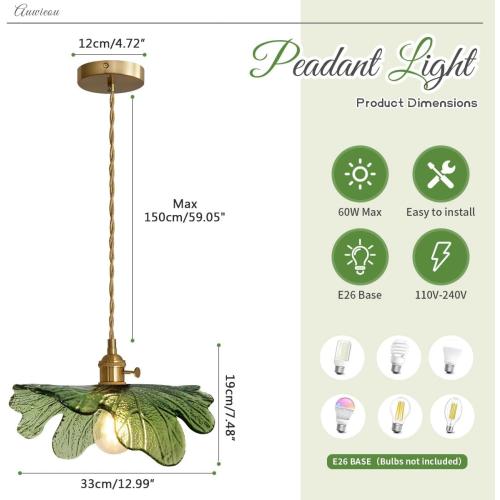 Green Glass Pendant Light Kitchen Flower Ceiling Light Fixture with Leaves Glass Shade, Mid Century Gold Hanging Light for Living Room Bedroom Dining Room, Set of 2