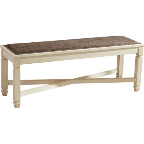 Signature Design by Ashley Bolanburg Casual French Country Upholstered Dining Room Bench with Nailhead Trim, Heavy Woven Fabric, Wood, Antique White & Tan