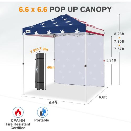 EAGLE PEAK 6.6x6.6 Pop Up Canopy Tent with 1 Sidewall, American Flag | Easy Up Outdoor Canopy, PeakPush™ Center Lock Heavy Duty Instant Event Tent for Parties, Vendors & Sports, Wheeled Carry Bag