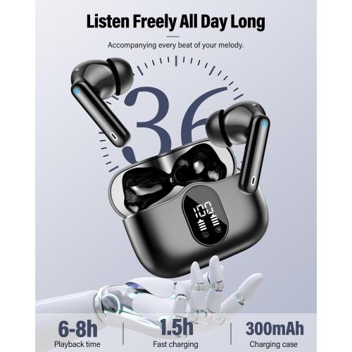 Wireless Earbuds, Bluetooth 5.4 Headphones Bass Stereo, Ear Buds with Noise Cancelling Mic, LED Display in Ear Earphones Clear Calls, IP7 Waterproof Bluetooth Earbuds for Phones/Sports/Laptop, Black