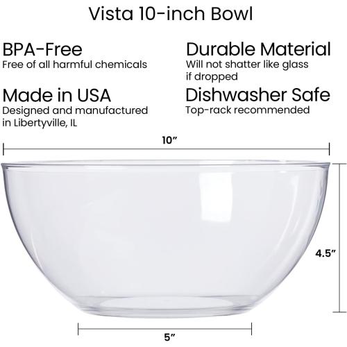 US Acrylic Vista Clear Plastic Salad and Serving 10-inch Bowls | set of 3 | Reusable, BPA-free, Made in the USA | 135 oz. capacity