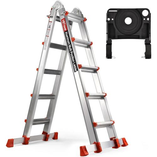 Size 19ft color orange HBTower A Frame 5 Step Extension Ladder, 19 Ft Multi Position Ladder with Removable Tool Tray and Stabilizer Bar, 330 lbs Capacity Telescoping La dder for Household and Outdoor Work (Orange, 19FT)