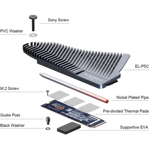 ElecGear PS5 NVMe SSD Heatsink, EL-P5C Heat Pipe   Solid Aluminum Cooler for PlayStation 5 Internal PCIe M.2 NVMe 4.0 Gen4 Memory, Re-Designed SSD Mounting Post Kit - (Not for Slim/Pro)