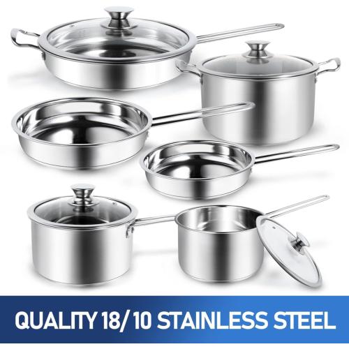 10-Piece Pots and Pans Set, Stainless Steel Cookware Set- Includes Ergonomic Handle Saucepans, Skillets, Dutch Oven, Stockpot, Steamer & More - Premium Pots and Pans for Home Chefs