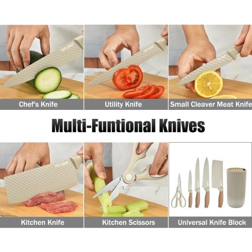Knife Set, 6-Piece Khaki Kitchen Knife Set for Home, Anti-Rust Non-stick Stainless Steel Sharp Chef Knife Sets with Universal Knife Block for Kitchen, Ergonomical Design (Khaki)‼️Missing 2 pieces‼️