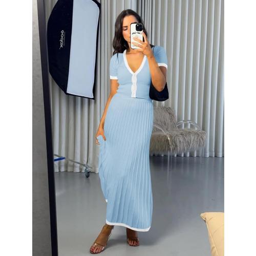 Size L/Xl...Womens 2 Piece Sweater Outfits Sets Short Sleeve V Neck Crop Top Knit Midi Long Pleated Skirt Dresses
