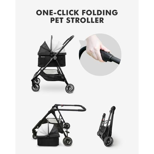 Pet Stroller for Small Dogs and Cats, One-Click Foldable Dog Stroller with Detachable Carrier & 3 Safety Tethers, Holds up to 33 lbs, Storage Basket & Cup Holder, Breathable Mesh, Black