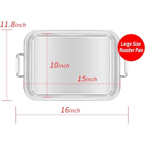 15 Inch Stainless Steel Roasting Pan with Cooling Rack - Turkey, Chicken, Ham Roaster with V-Shaped Baking Rack by Kendane