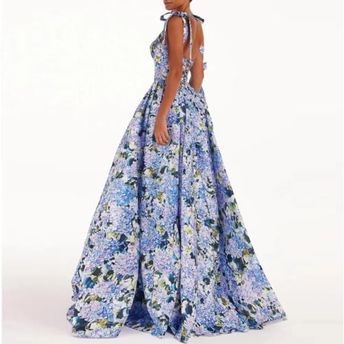 Blue Medium Women Floral Print Square Collar Lace-up Sling Long Backless Hollow Boho Hem Maxi Dress