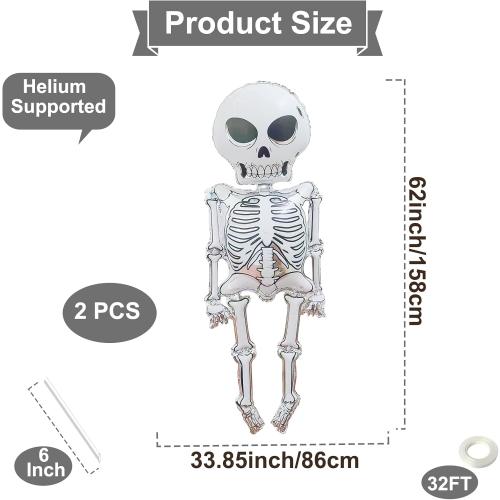 2 Pieces 34x62 Inches Scary Skeleton Foil Balloons - Large Spooky Mylar Life Size Skull Balloons for Halloween Decorations, Haunted House, Trick-or-Treat, Indoor and Outdoor Party Supplies