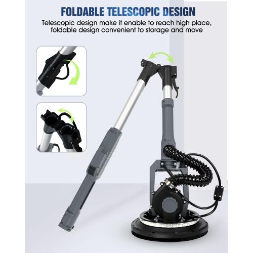 Size 4.8FT to 5.6FT Drywall Sander, MYTOL 7.2A Electric Wall Sander with Vacuum Dust Collection, 6 Adjustable Speeds 900-1800RPM, LED Light, Extendable Handle, Foldable Electric Drywall Sanders 12Pcs Sanding discs-Grey