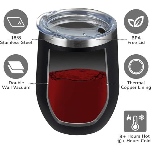 MEWAY 12oz Wine Tumbler 16 Pack Bulk Gifts for Women,Double Wall Vacuum Stainless Steel Travel Mug with Lid,Insulated Stemless Wine Cup Glass for Coffee,Cocktails,Drinks(Black,Set of 16)